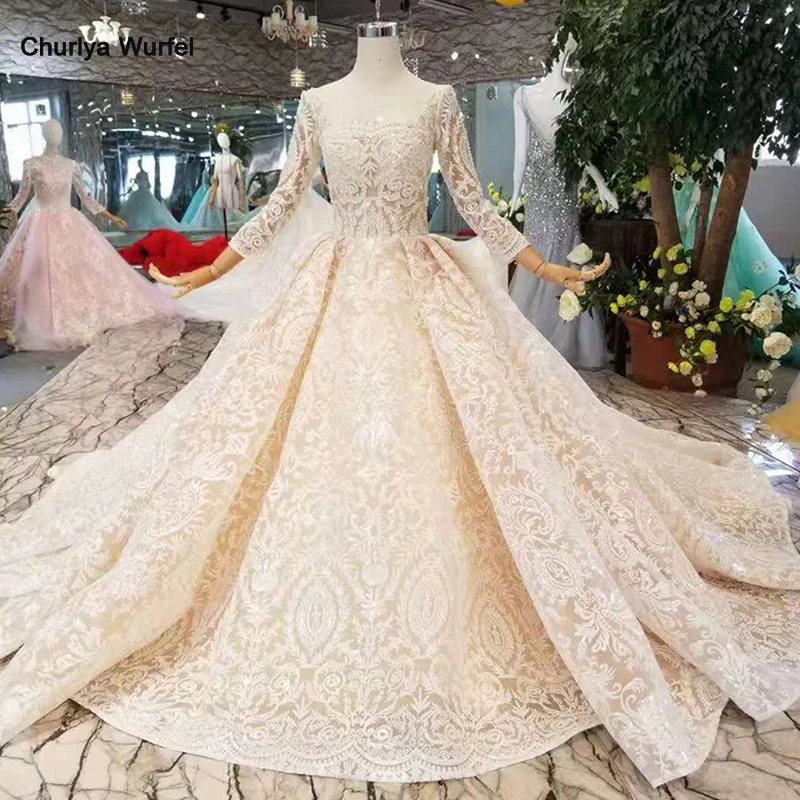 

LS11003 champagne lace wedding dresses 2019 square neck see-through long sleeves sexy v-back wedding gown with shiny long train