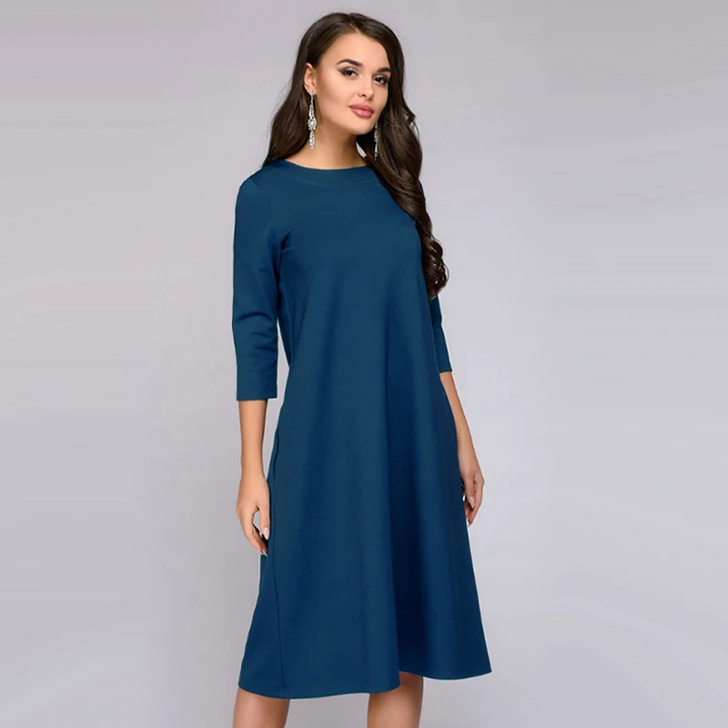 Vintage Women O-neck Sashes Straight Dress Ladies Long Sleeve Solid ...