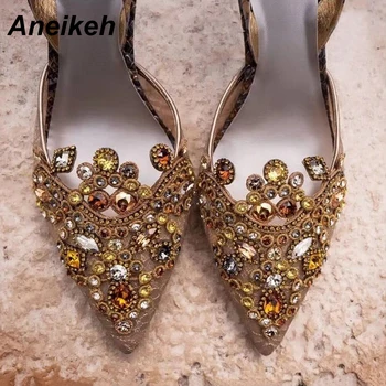 

Aneikeh 2019 Spring Sexy Pumps Fashion Rhinestones Diamond Beaded Super High Thin Heeled Pointed Toe Slingbacks Women Shoes