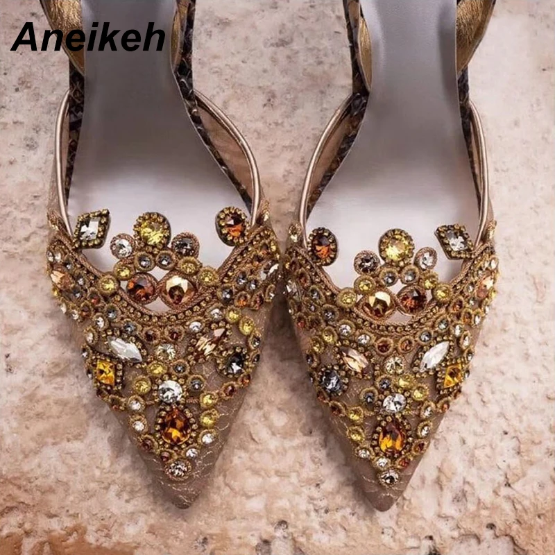 Aneikeh 2019 Spring Sexy Pumps Fashion Rhinestones Diamond Beaded Super High Thin Heeled Pointed Toe Slingbacks Women Shoes