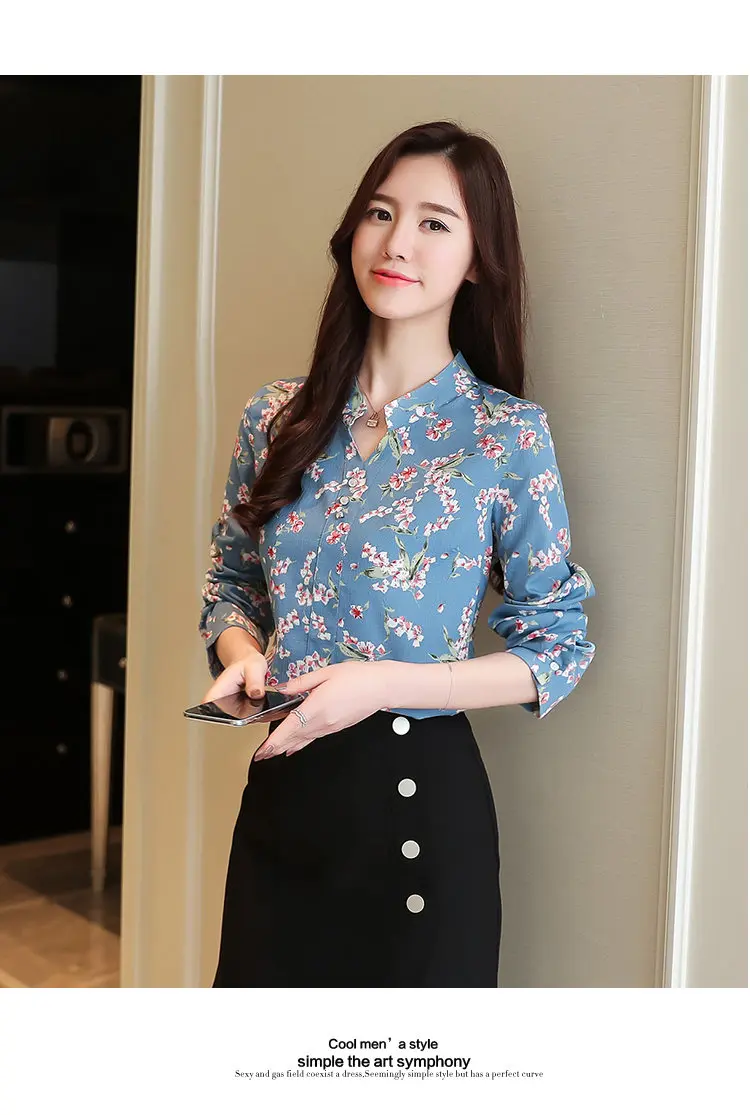 2019 New Autumn Chiffon Blouse Women Ladies Shirts Floral Print Blusas Mujer V-neck Long Sleeve Shirt Women Tops Plus Size (7)