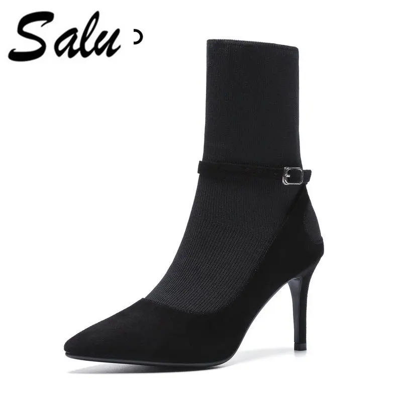 

Salu 2018 new Winter Genuine leather Boots Woman Ankle High Heel Warm Fur Boots Sexy Ladies black boots Shoes