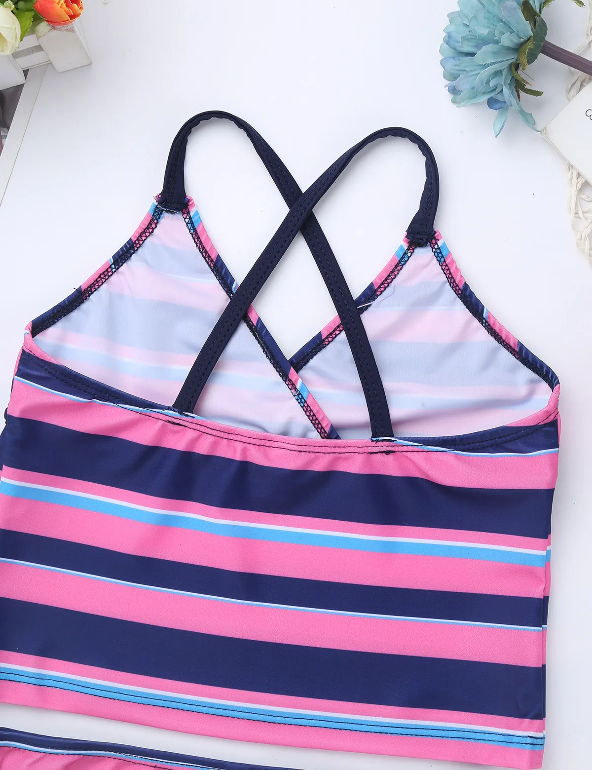 TiaoBug Kids Teens Tankini Spaghetti Straps Striped Swimsuit Swimwear Tops Bottoms Bikini Set Children Girls Beach Bathing Suits