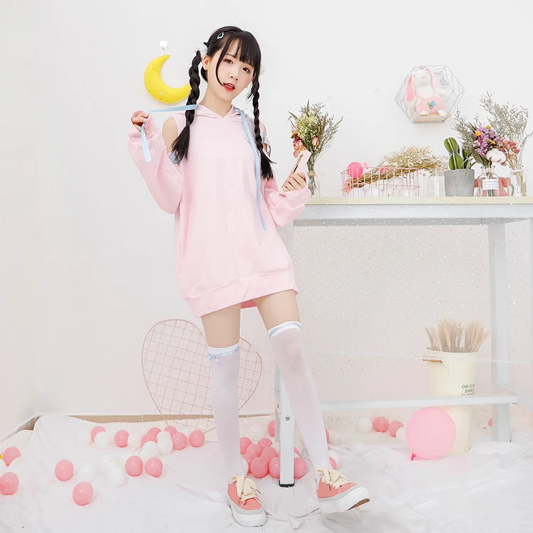 Япония Косплей каваи толстовки Harajuku Лолита милые с открытыми плечами клетчатые женские розовые Кофты модные на шнуровке Сексуальные Девушки пуловер