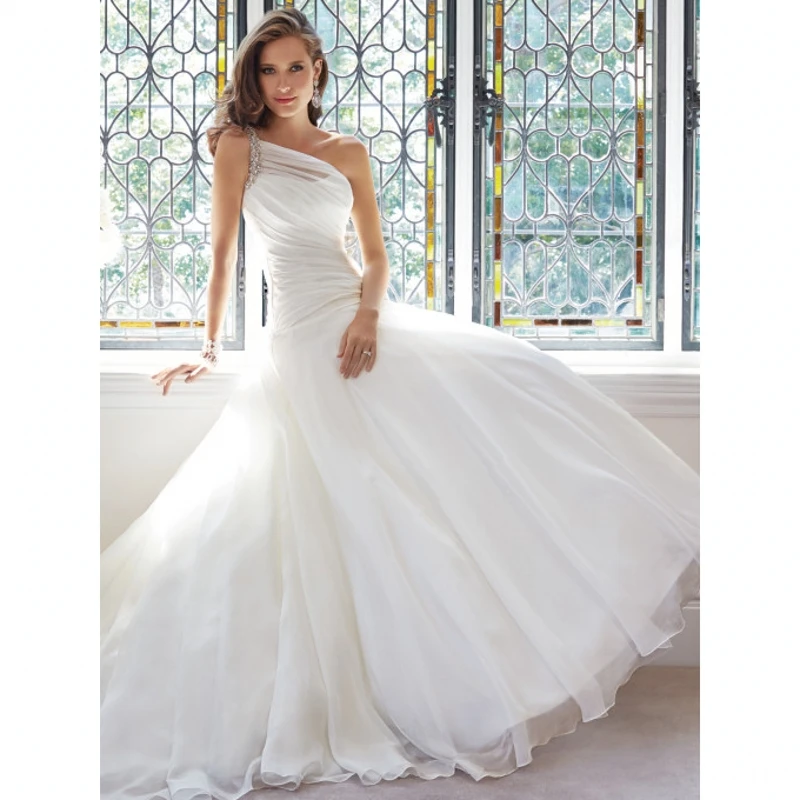 Beaded Strap One Shoulder Tulle Pleat Sweetheart Neckline Dropped