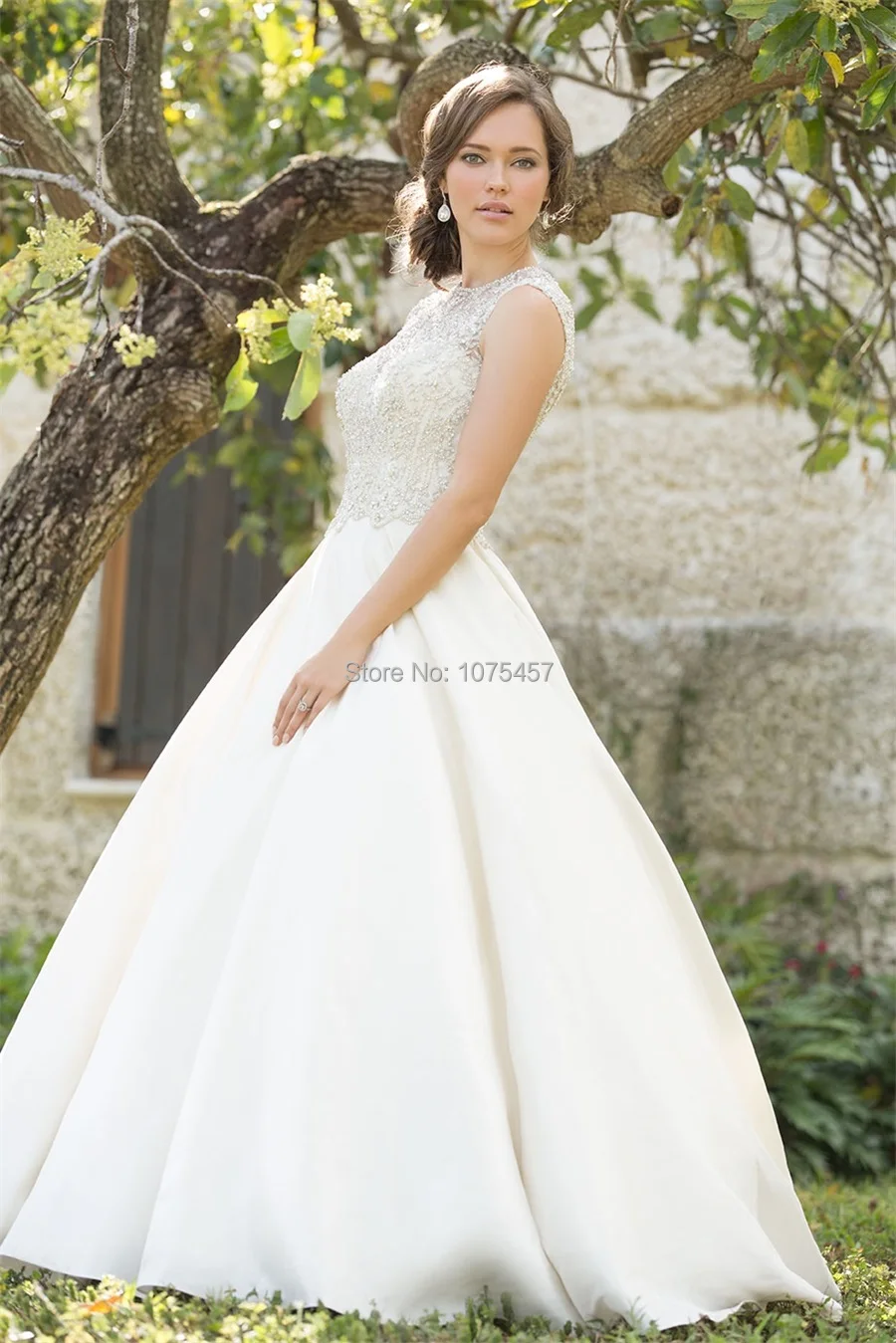 Free Shipping Romantic Wedding Dress Top Lace Sheer Neck Illusion Back