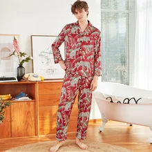 Шелковистые Мужская сна пижамы рубашка брюки костюм мужской пижама из искусственного шелка комплекты Повседневное дома ночная рубашка халат L, XL, XXL