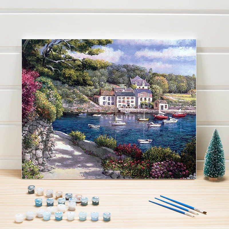 

Paint Oil Painting By Number Lake Scenery Europe DIY Acrylic Coloring Art On Canvas Wall Pictures For Living Room Adults Drawing