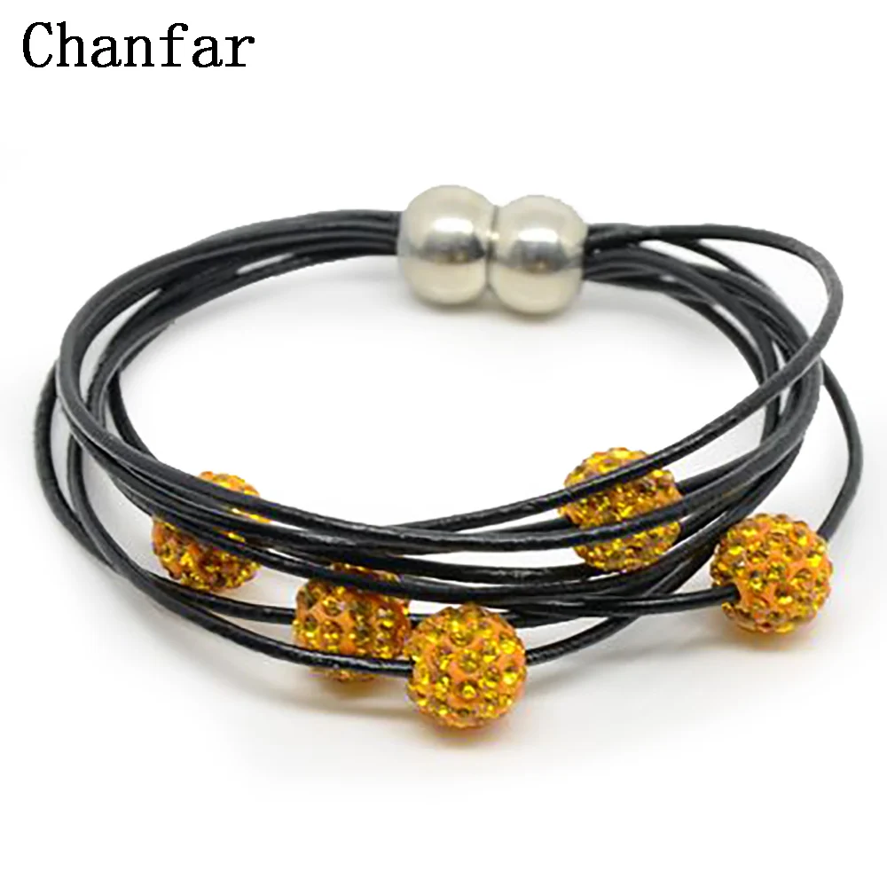 Chanfar 10 мм Хрустальный шар и настоящая кожа воловья обертывание браслет для женщин ювелирные изделия