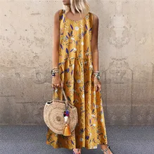 Summer Dress Women Plus Size Bohemian O-Neck Floral Print Vintage Sleeveless Long Maxi Dress Casual Loose O-Neck Dress trendy scoop neck sleeveless animal print plus size dress for women