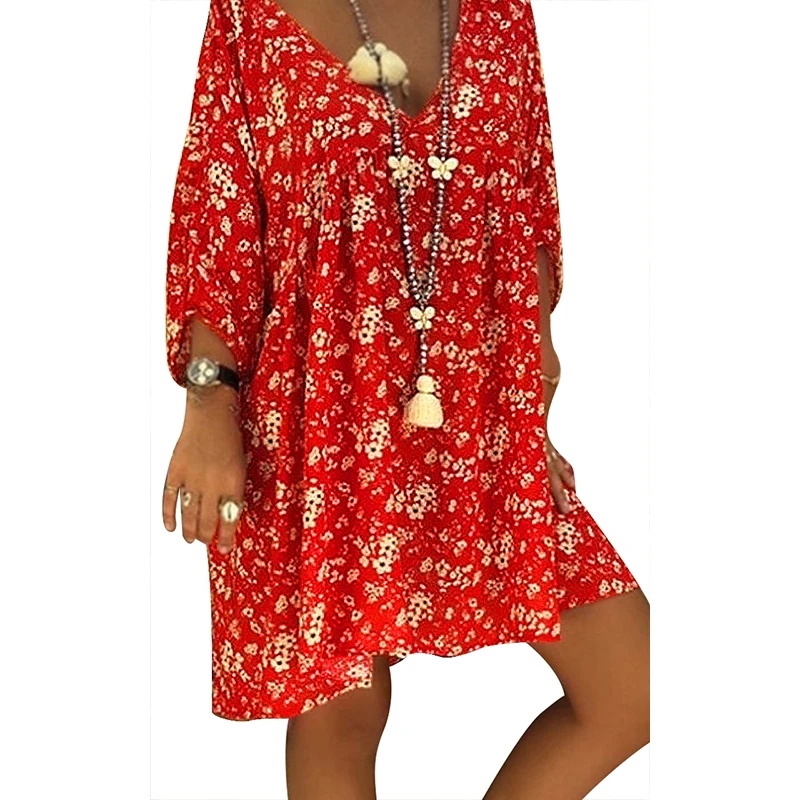 

Women Large Size Dress Cotton Deep V Neck Roll-up Long Sleeve Autumn Dress 2019 Floral Print Loose Vintage Casual Boho Dress