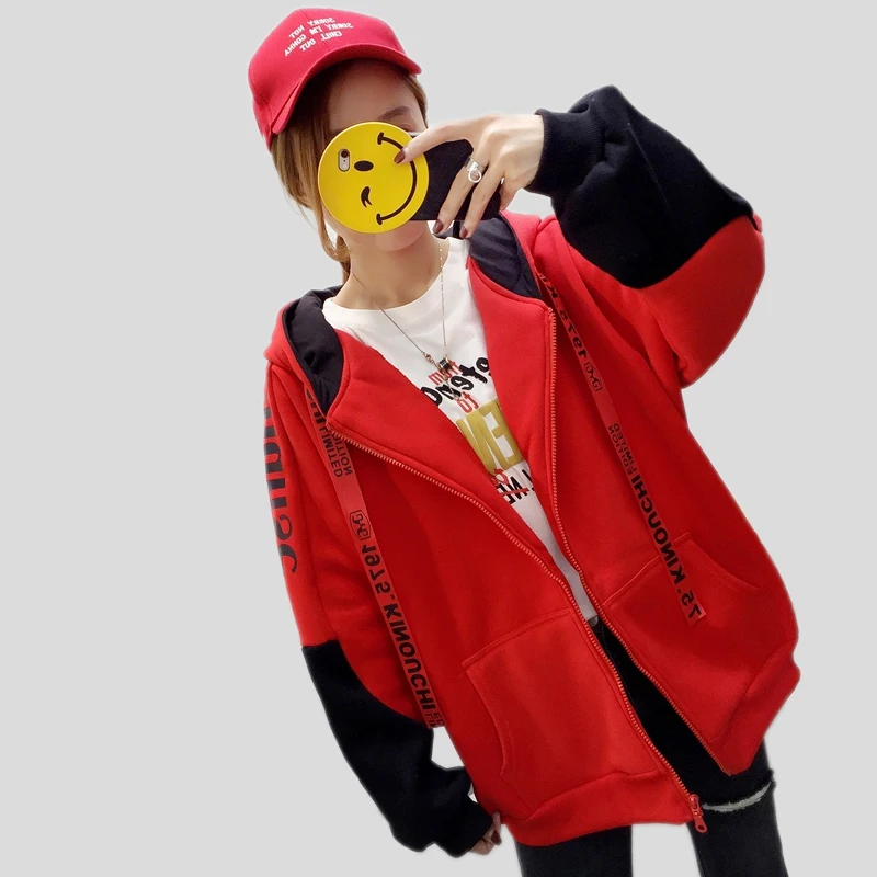  2018 autumn and winter plus velvet cap rope pocket zipper ladies hoodies Korean version of the new 