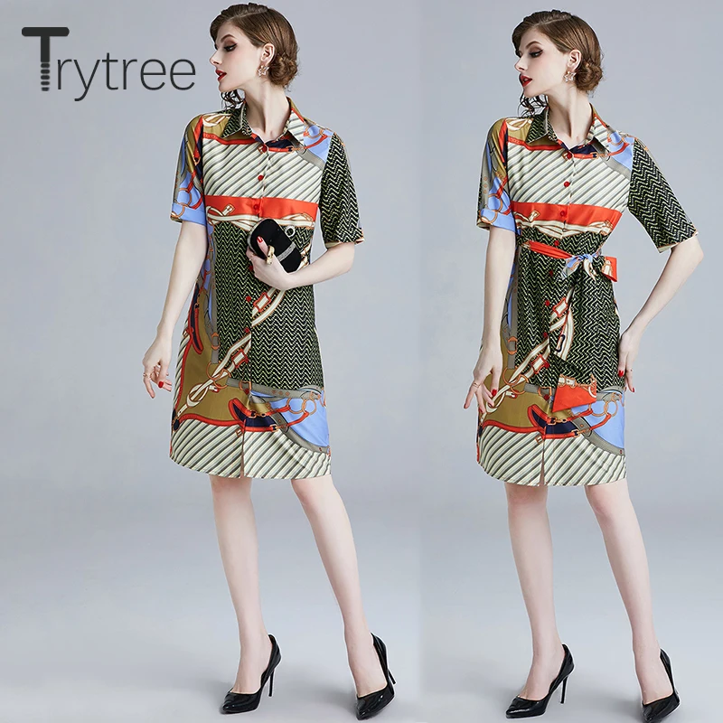 Trytree летнее платье с принтом элегантные Геометрические шелковистые уличные