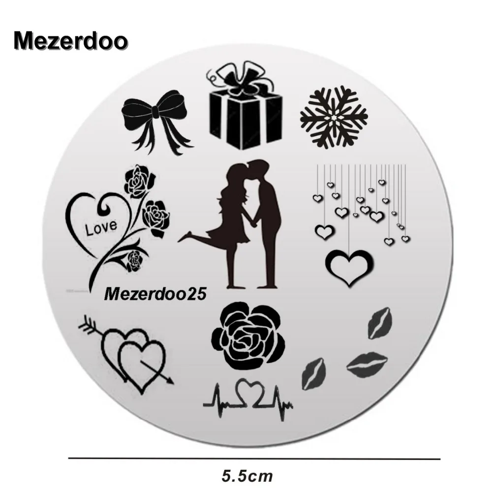 Милые трафареты для ногтей для влюбленных на День святого Валентина, штамповочные пластины для ногтей, круглые пластины из нержавеющей стали с изображением РОЗОВОГО СЕРДЦА для ногтей Mezerdoo25