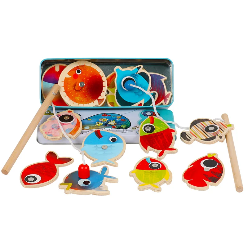 14 Fishes + 2 Fishing Rods Wooden Children Toys Fish Magnetic