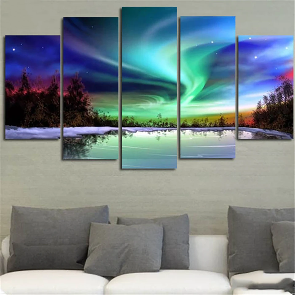 

Modern HD Frame Home Decor Canvas Painting Poster 5 PiecePcs Green Aurora Nature Scenery Wall Art Living Room Printed Pictures