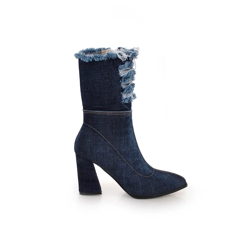 WETKISS Denim Thick High Heels Women Boots Holed Ankle Boot 2019 New Pointed Toe Lady Shoes Ripped Spring Short Plush Footwear WETKISS Denim Thick High Heels Women Boots Holed Ankle Boot 2019 New Pointed Toe Lady Shoes Ripped Spring Short Plush Footwear