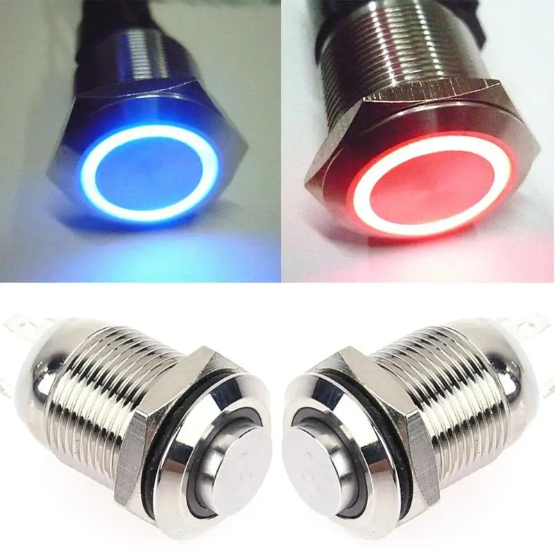 

12mm 3V Red/Blue Metal Momentary Push Button Switch PC Start Button LED Stainless Steel Waterproof Car Auto Engine Switch