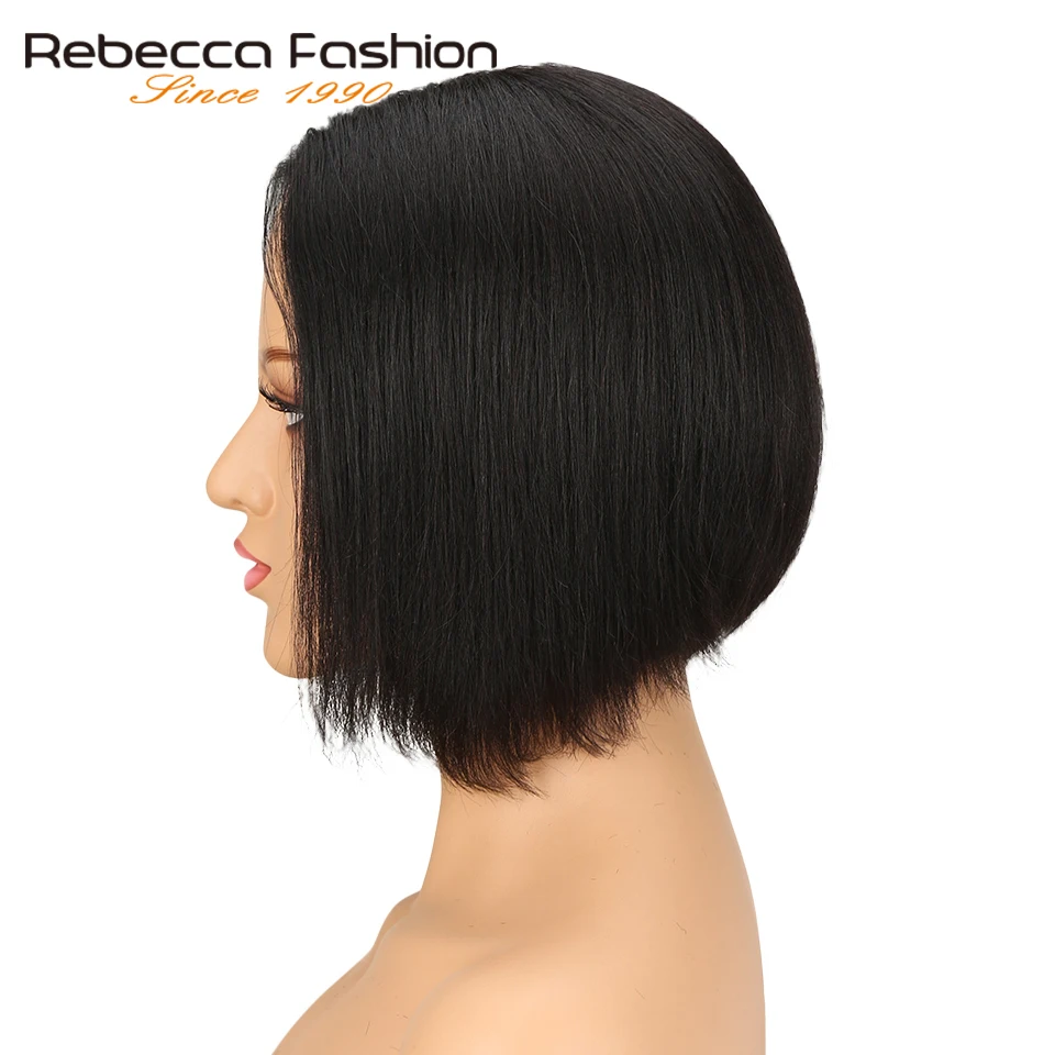 Rebecca 8 дюймов короткий Боб натуральные волосы парики шнурка для черный Для женщин средняя часть перуанской Реми прямые волосы парик