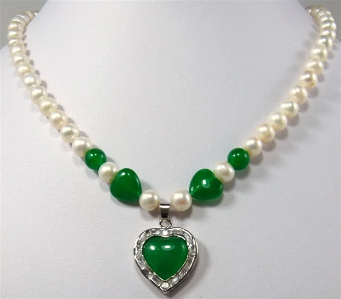 

Free shipping@@@@@ Wholesales -Jewelry Charming women's White Pearl Necklace& heart shape green jade pendant necklace free shipp