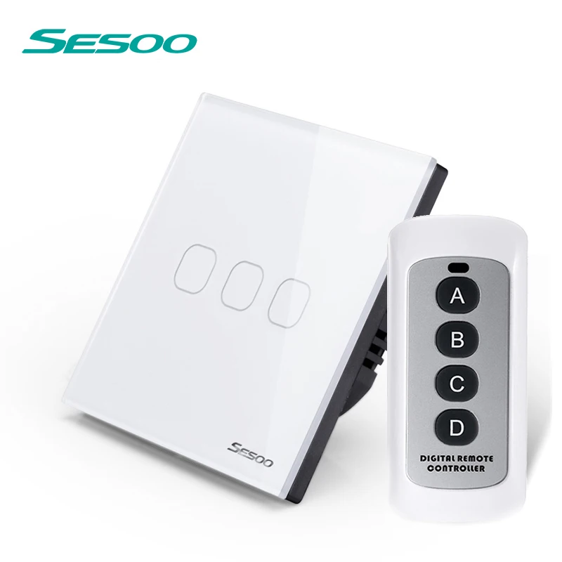 SESOO EU/UK Touch switch 110-240v 3 Gang 1 crystal toughened glass panel LED wall lamp switch white