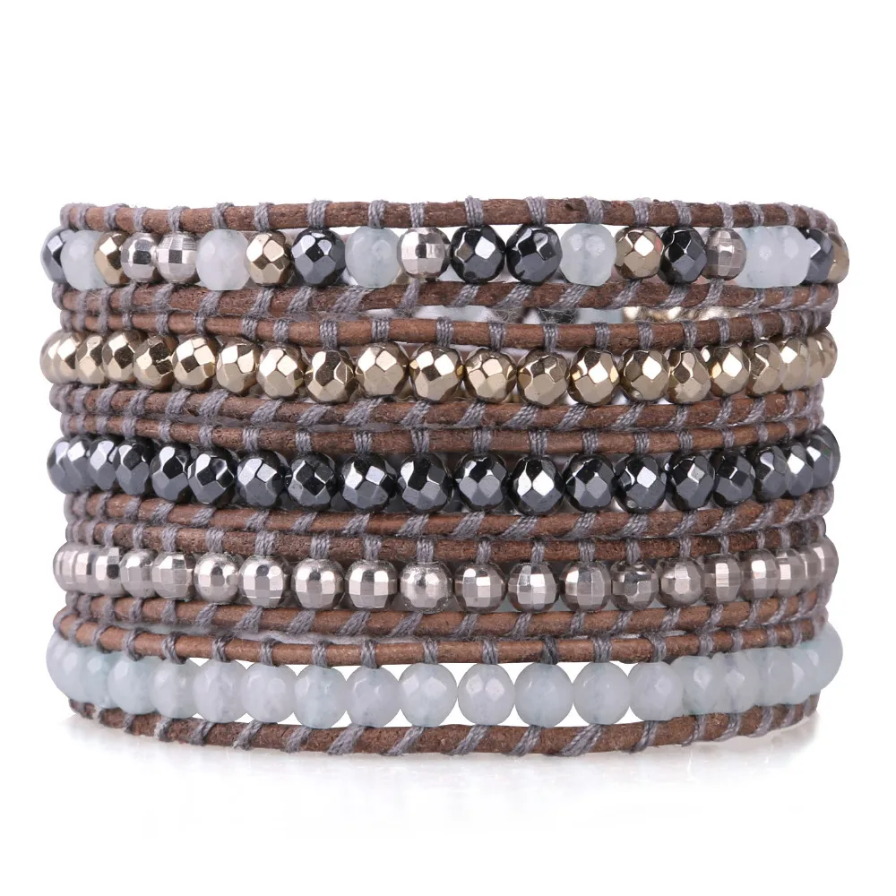 

KELITCH Mix Beaded Bracelet on Leather Charming 5 Wrap Bracelet Handmade New Top Jewelry Grey Brown