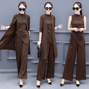 

Women's suits 2019 autumn vintage Knitted Vest +long coat + wide leg pants womens outfits sexy plus size 3 piece women set M-5XL