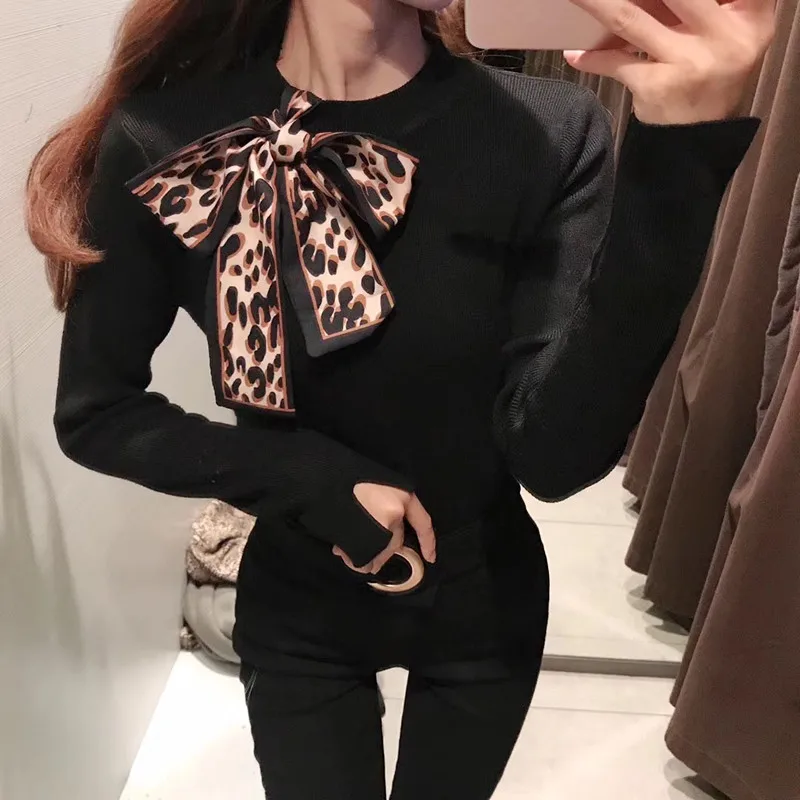 

Autumn Women Sweater 2019 New Female Slim Winter Knitted Sweater Flare Long Sleeve Knitting Pullover Bow Lace Up Womens Sweater