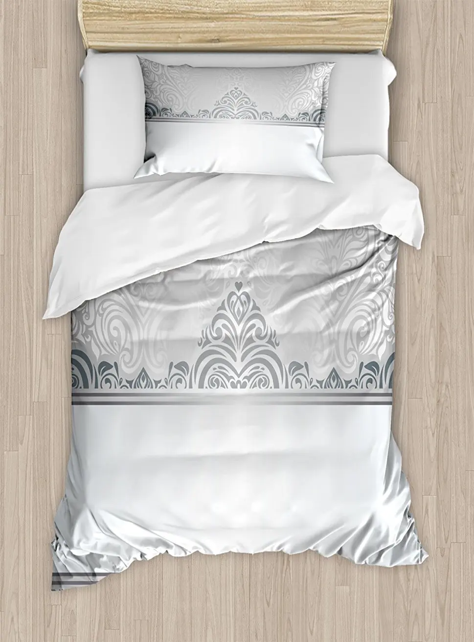 

Damask Duvet Cover Set Vintage Rich Royal Flower Motifs Forms Heart Shapes Bridal Damask Design, Decorative 4 Piece Bedding Set