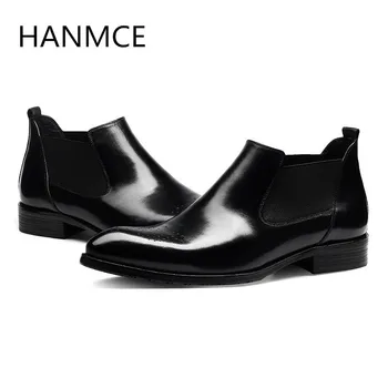 

New mens genuine leather boots fashion carving slip on pointed toe ankle boots men daily leisure business office work boots man