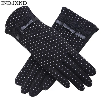 

INDJXND 2018 New Warm Bowknot Dots Touched Gloves Women's Winter Gloves Female Anti-skid Cotton Elegant Lace Cashmere Mittens