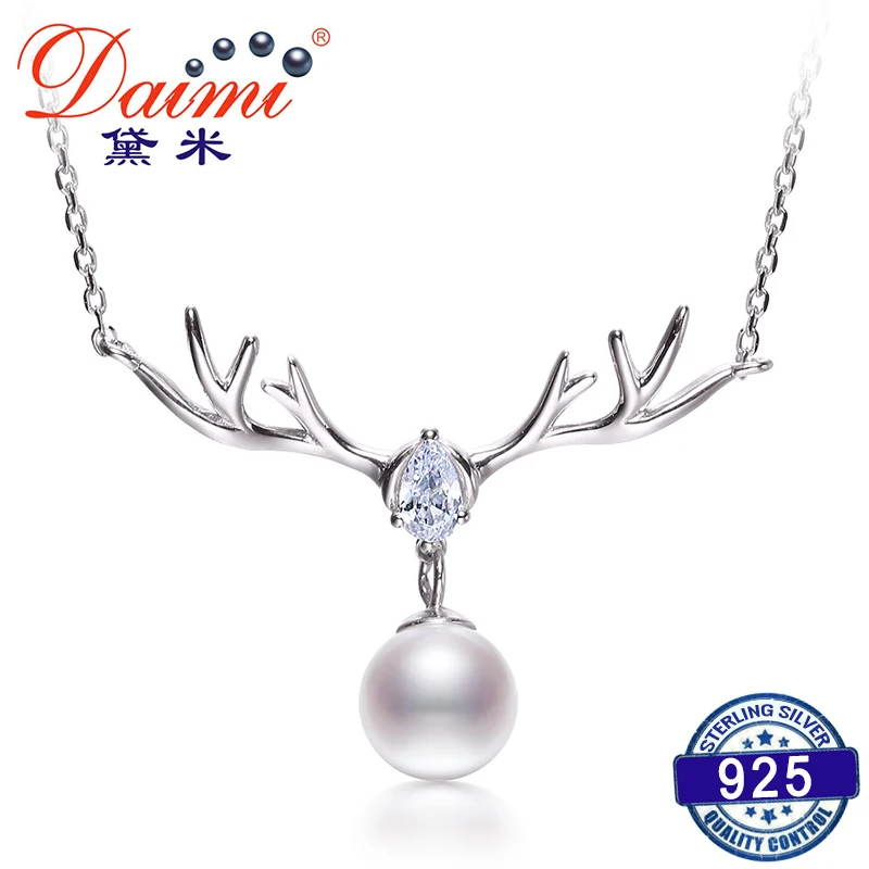 

11.11 Sale Antlers Design Pendant 7.5-8mm Perfectly Round Freshwater Pearl Pendant 925 Silver Jewelry Pendant