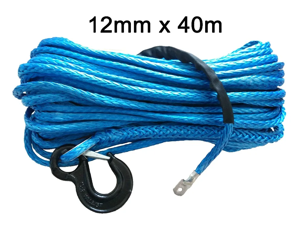 Free shipping 12mm*40m synthetic winch rope with hook, uhmwpe rope