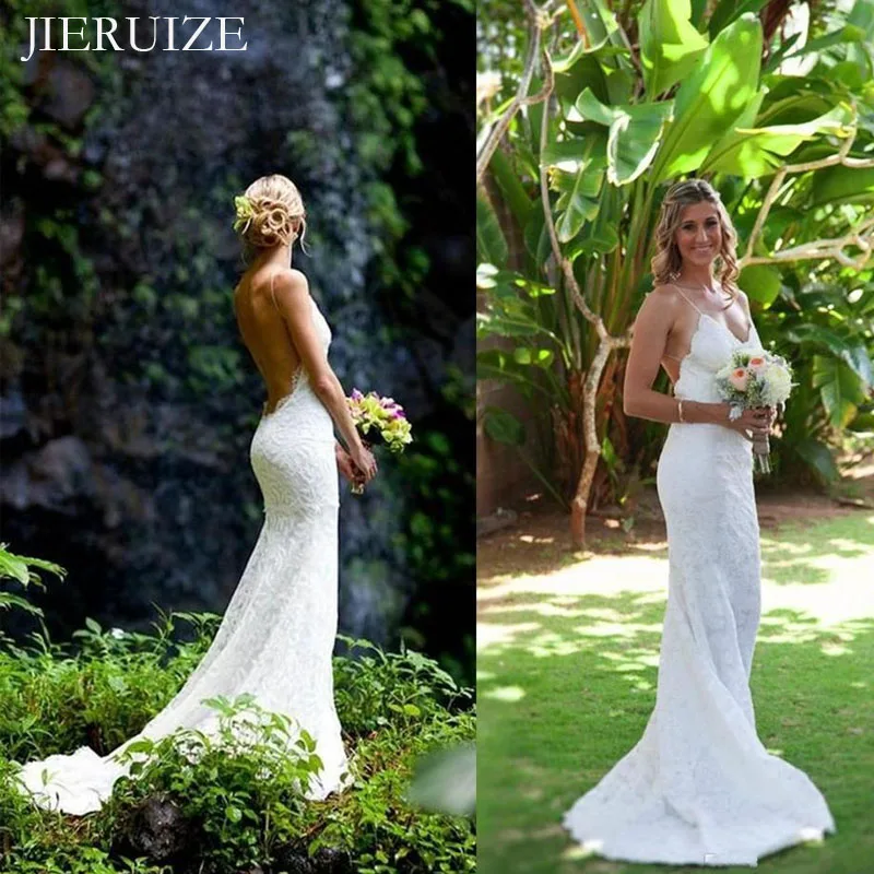

JIERUIZE White Lace Mermaid Wedding Dresses V-neck Backless Summer Dress Wedding Gowns Bride Dresses robe mariage