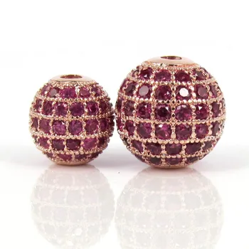 

CZ Jewelry Finding Rose Gold Color & Pave Red CZ Cubic Zircon Round Bead DIY Jewelry 6 8 10 12 14 16MM Loose Spacer Metal Beads
