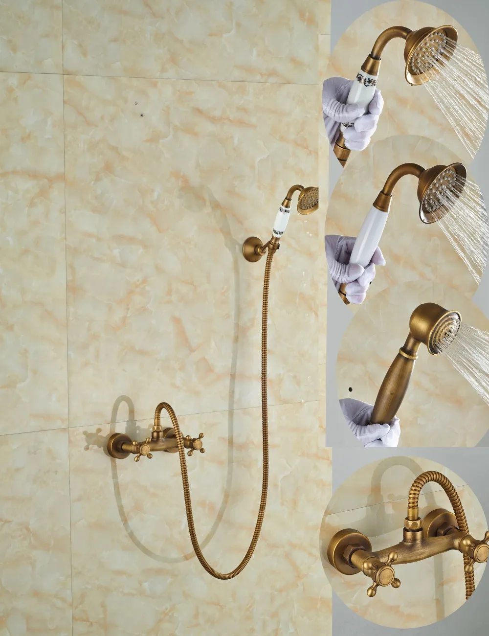 

Wholesale And Retail Dual Cross Handles Wall Mounted Tub Faucet Shower W/ Hand Shower Sprayer Mixer Tap