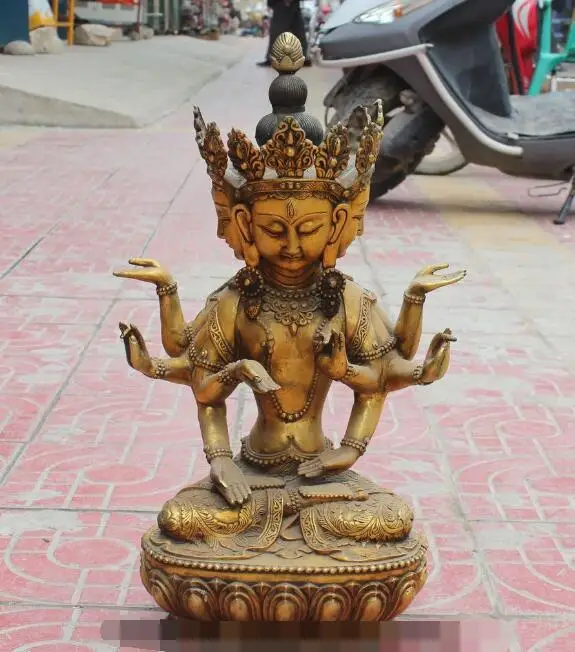 

S4801 21"Tibet Folk Bronze Gilt 3 Head 8 Arms Namgyalma & Ushnishavijaya Buddha Statue