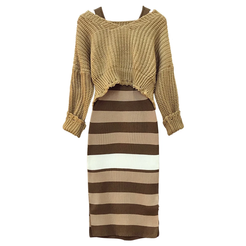 

Oshangchaopin Women V-Neck Vintage Striped Knitting Sweater+Split Vest Dresses 2 Piece Set Short Tops+Dresses Knit Clothing Sets
