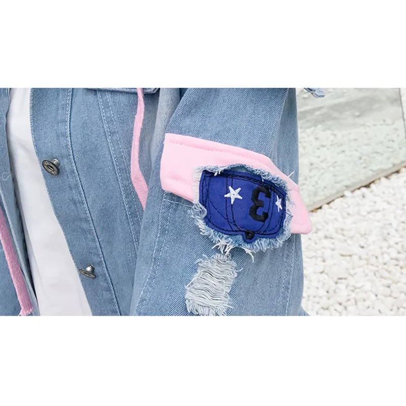 Корейская Kpop ретро куртка-бомбер с потертостями и заплатками, женские джинсовые куртки, розовые Синие рваные потертые джинсовое пальто женское