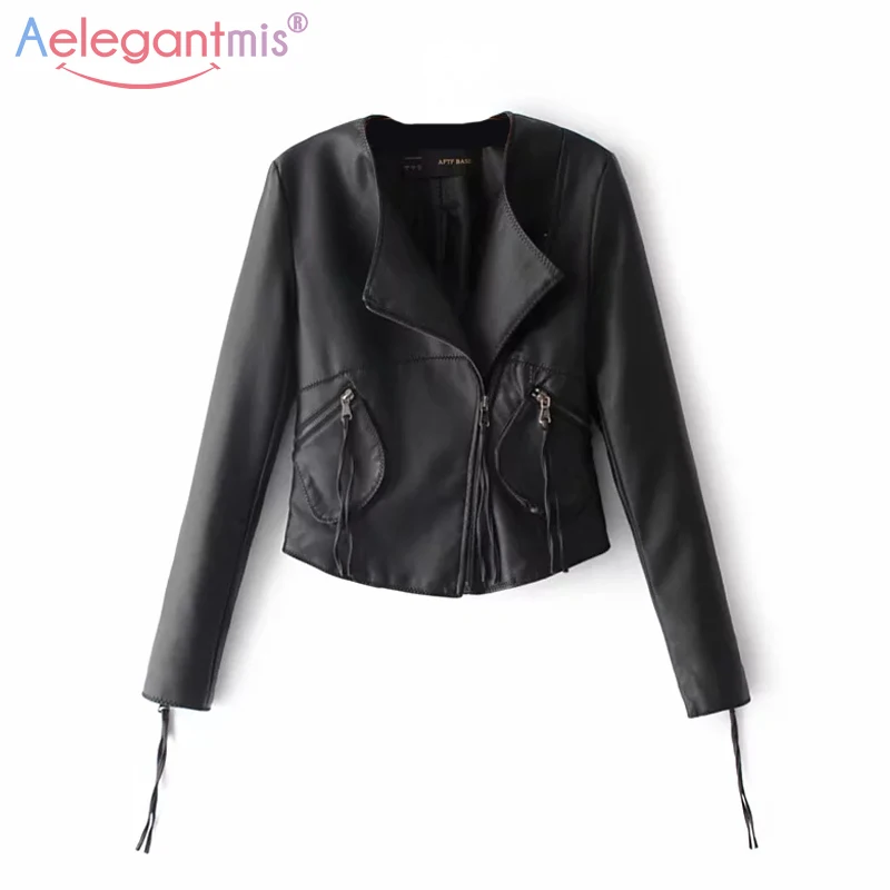 

Aelegantmis Autumn New Soft Pu Leather Jacket Women Fashion Short Faux Leather Biker Jacket Female Motorcycle Outerwear Black