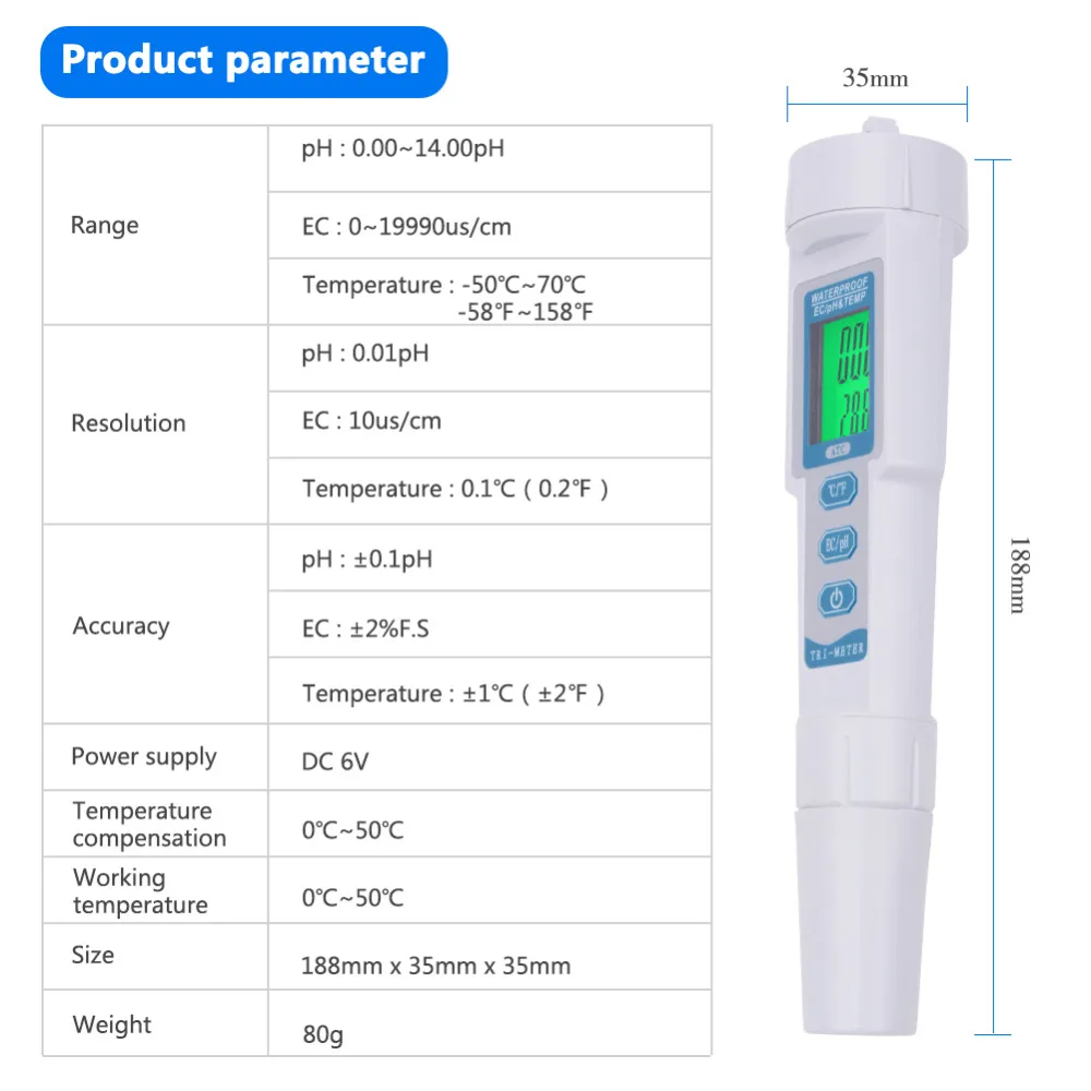 Три-в-одном PH TDS метр 6 Многофункциональный монитор ручка EC датчик качества воды подсветка цифровой дисплей Измеритель проводимости