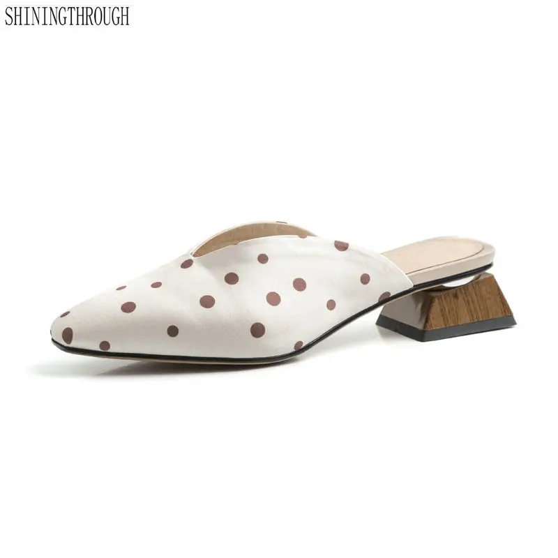 

Sweet polka dot silk Women Slippers lowHeels ladies shoes Summer Mules Women Shoes
