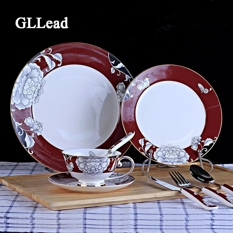 

GLLead Western Style Restaurant Hotel Tableware High Quality Bone China Dinner Service Ceramic Steak Dish Coffee Cup Saucer Set