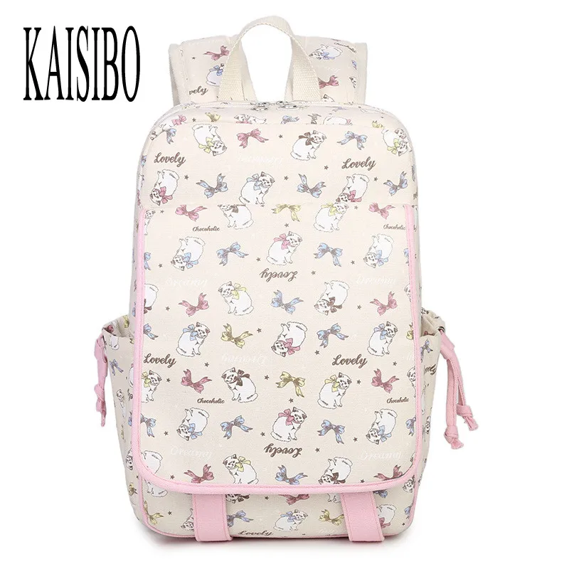 

KAISIBO Cute Cat Printing Backpack Women Fashion Pink Girls Backpacks Cartoon Canvas Laptop Bags Beige Green Female Backpack