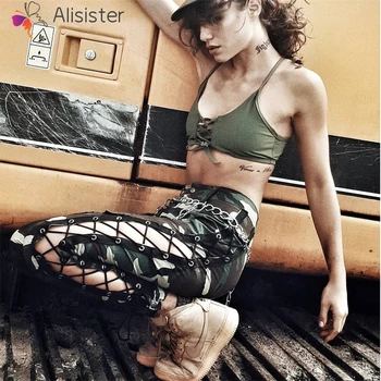 

Women Joggers Pants Camouflage Side Bandage Mesh Hollow Out Casual Pants Fashion Streetwear Loose Camo Full Trousers