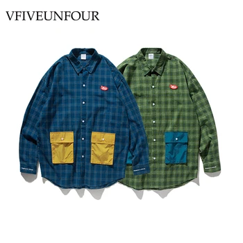 

VFIVEUNFOUR 2019 New Autumn Color Block Patchwork Pocket Classic Plaid Shirt Streetwear Loose Cotton Oversized Men Shirt