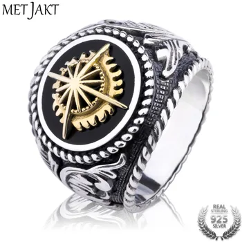 

MetJakt Vintage 925 Sterling Silver Open Ring & Hand Carved Golden Sun Pattern for Personality Men Punk Jewelry Ring Face 2.2cm