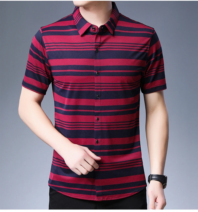 Новая повседневная Летняя Роскошная полосатая рубашка с коротким рукавом, приталенная Мужская рубашка, уличная одежда, рубашки, мужская мода, Джерси 50572