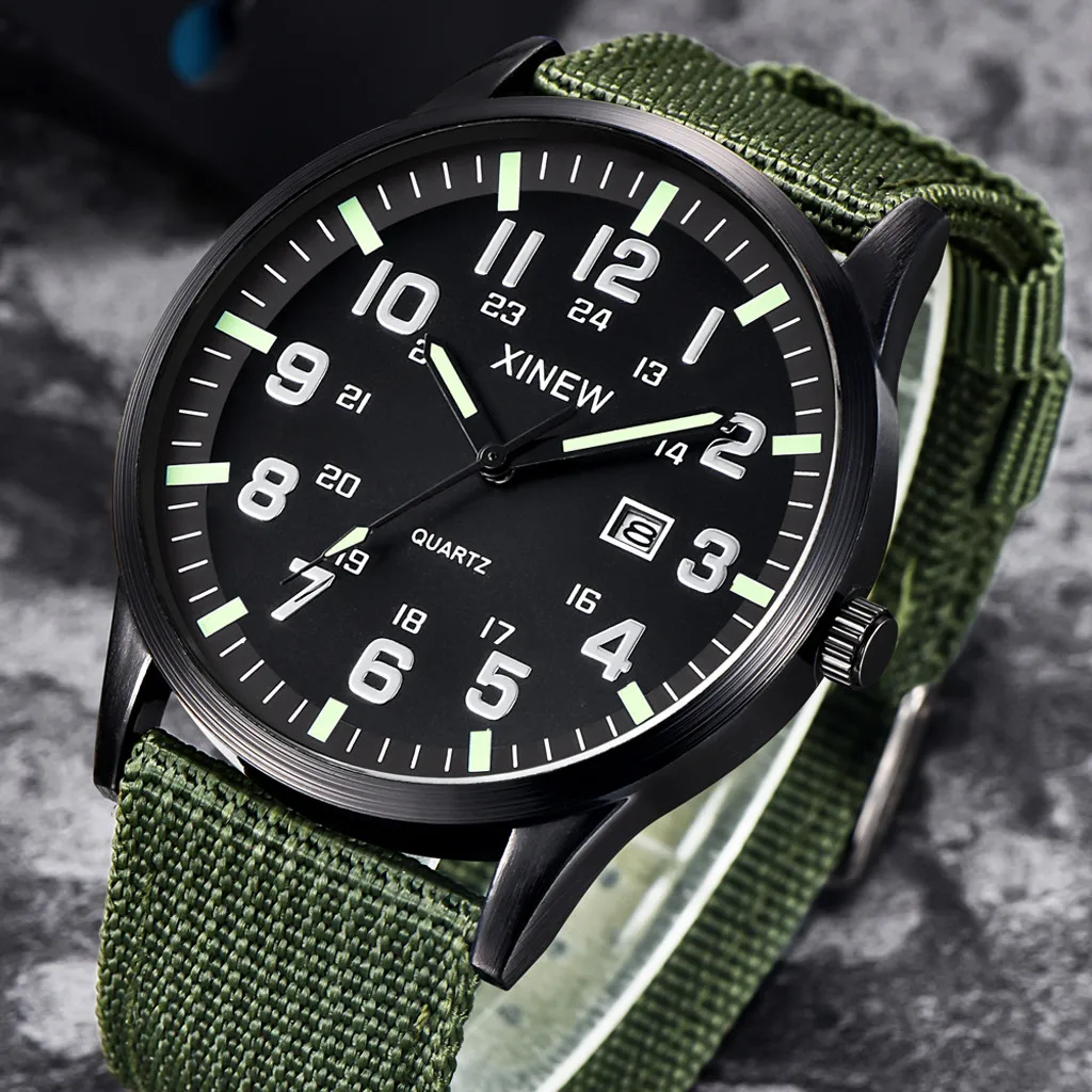 

Men watch Luxury Luminous Round Dial Nylon Strap Band Military Army Date Quartz Wrist Watch Gift watches men reloj hombre new