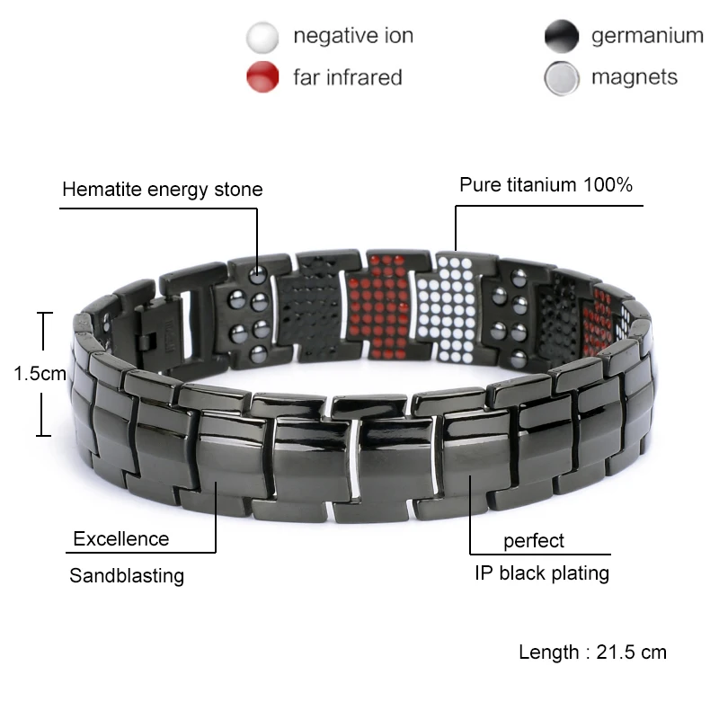 Pulsera magnética de titanio 100% puro para hombre y mujer, brazalete de cadena negra para hombre, pulsera de energía para la salud, beneficios
